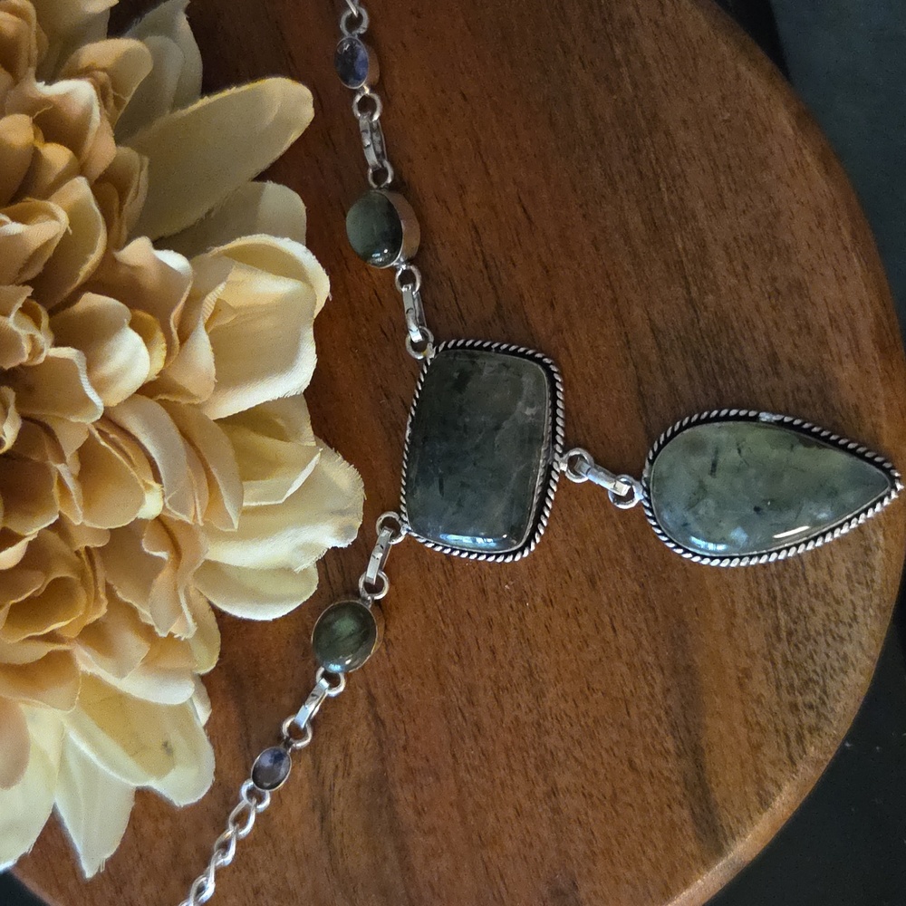 Moss Agate, Labradorite, Synthetic Amethyst Necklace 925 Sterling Silver Overlay